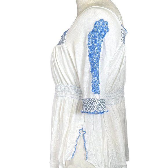 Free People Embroidered Elastic Ruched Peasant Top Blue/White Women's Medium - Picture 7 of 14